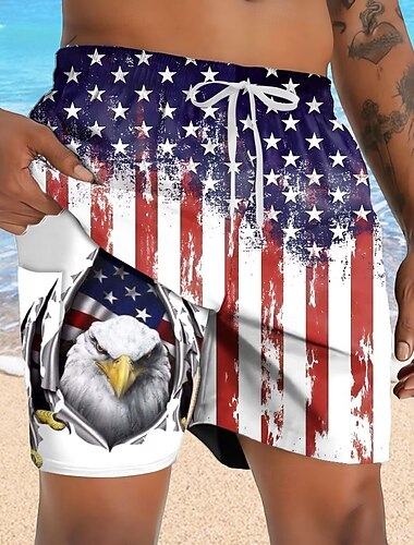  Independence Day Voor heren 4 juli, 250e verjaardag van de VS Adelaar Amerikaanse vlag Gevoerde shorts 2 in 1 zwemshorts Lange zwembroeken Medium Taille Feestdagen Zijzakken Met compressievoering