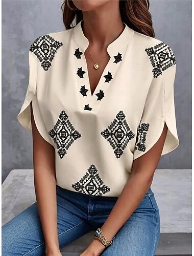  Dames Blouse Grafisch Geometrisch Bohemen Dagelijks Stijlvol Korte mouw V-hals Normale tops Dagelijks Afdrukken Champagne Zomer Lente