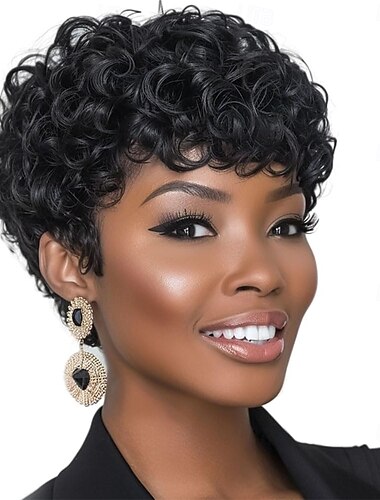  Peluca corta de corte pixie para mujeres negras, pelucas afro cortas y rizadas, pelucas negras naturales para mujeres negras, peluca sintética de cabello corto y rizado.