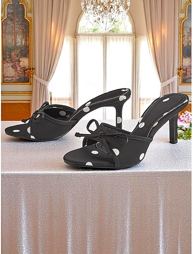  damesko med polkaprikker og sløyfe og høye hæler – slip-on sandaler med åpen tå fra 1950-tallet, elegante sommersko til fest for damer
