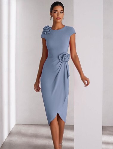  rosa säulenförmige Cocktailkleider, elegant, für formelle Hochzeiten, knöchellang, kurzärmlig, Rundhalsausschnitt, Stretch-Crêpe mit Schulterblume 2025