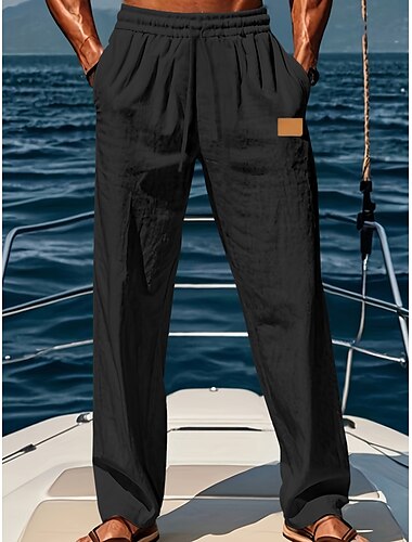  Herren Leinenhosen Hose Sommerhose Baggy-Hosen Strandhose Kordelzug Elastischer Bund Gerader Schnitt Einfach Komfort Atmungsaktiv Volle Länge Outdoor Täglich Ferien Urlaub Mode Schwarz Weiß