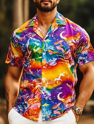  Herren Regenbogen LGBT Stolz Hemd Freizeithemd Kuba-Kragen-Hemd Kurzarm Modisch lässig Ferien Sommer Frühling Stehkragen Hemd mit Camp-Kragen 3D-Druck Regenbogen