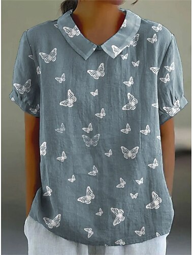  Dames Blouse Bloemig Grafisch Vintage Tropisch Stijlvol Korte mouw Overhemdkraag Normale tops Werk Dagelijks Afdrukken Wit blauw Beige Zomer Lente