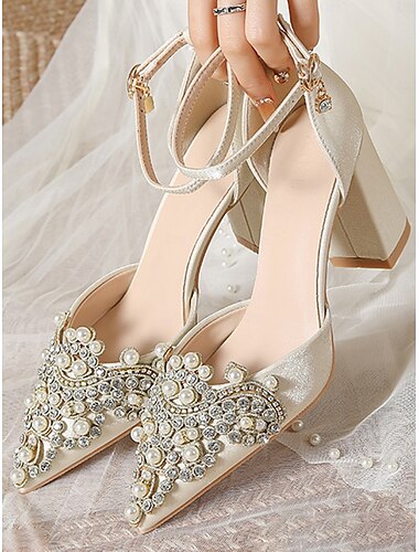  Escarpins de mariage à talons carrés ornés de perles et de strass pour femmes - Chaussures de mariée en satin à bout pointu pour mariées élégantes