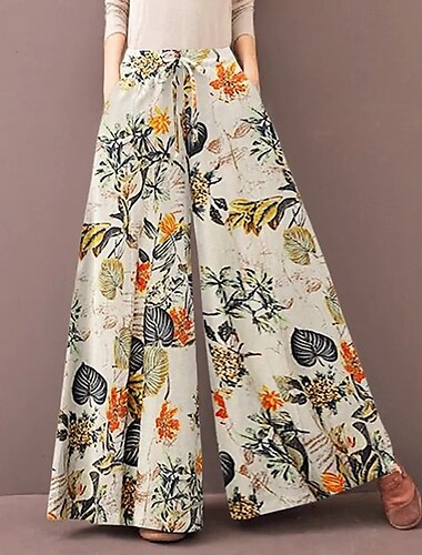  Dam Linneinspirerade byxor Brett skaft Palazzo byxor Streetwear Boho Fullängd Medium Midja Blomma Elastisk midja Andningsfunktion Bekväm Microelastisk Utomhus Dagliga kläder Gul Rubinrött Mörkblå