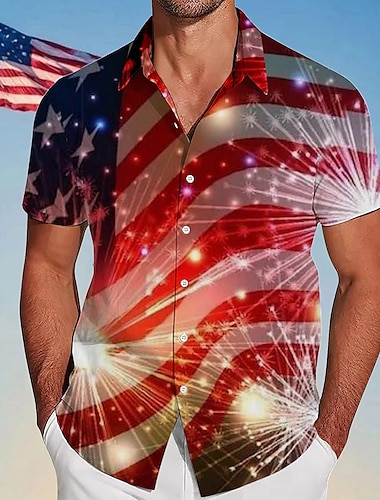  Tag der Unabhängigkeit Herren US Flagge Patriotisch Feuerwerk Hemd Sommerhemd Knopfhemd Kurzarm Modisch lässig Outdoor Ferien Sommer Frühling Umlegekragen 3D-Druck Hemden mit Kragen Rote Blau