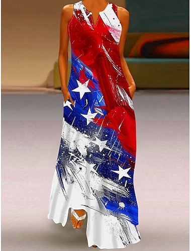  Onafhankelijkheidsdag Vrouwen Patriottische Vierde Juli Maxi Jurk Shift Jurk Zomer Jurk Casual Dagelijks Vakantie Reguliere Pasvorm Vlag Mouwloos Ronde Hals Wijnrood Marineblauw Blauw Zomer