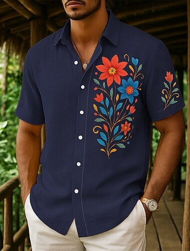  Voor heren Overhemd Linnen overhemd Zomer overhemd Strand Kleding Overhemd met knopen Bloemenprint Vakantie Curise Wit Marineblauw Groen Khaki Korte mouw Kraag Zomer Lente zomer Kleding