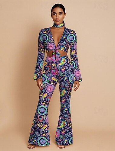  Retro Vintage 1970er Groovy Set mit Schlaghose und Schnürung vorne Hippie Disco Paisley-Muster Stammes Damen Halloween Karneval Urlaub Musikfestival Festival Erwachsene Oberteil Hose Stirnband
