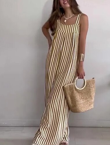  Mulheres Normal Calças inspiradas em linho Roupa de rua Listrado Sem Manga Decote U Frente Única Rua Diário Normal Amarelo Vermelho Azul Marinha Verão