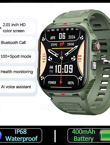  2025 Outdoor-Sport-Smartwatch für Männer, 2.01 HD-Bildschirm, LED-Taschenlampe, 400 mAh große Batterie, Herzfrequenz, wasserdicht, BT-Anruf, Smartwatch