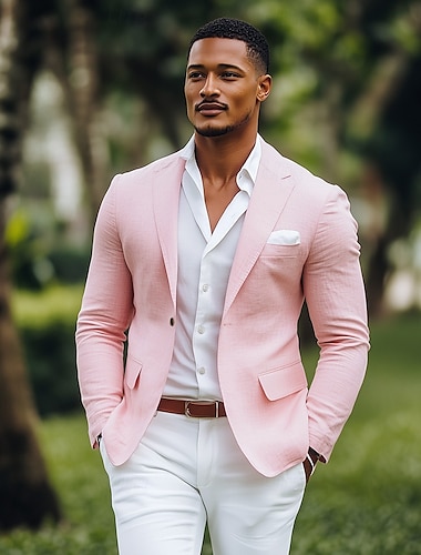  Hombre Chaqueta de lino Chaqueta deportiva Moda Casual Color sólido Blazer Amarillo Rosa Azul cielo Estándar Recto 1 botón