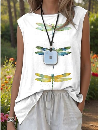  Dam Camisole linne Grafisk Djur bohemliv Aktiv Stylish Ärmlös Rund hals Vanliga toppar Semesterkläder Vit Rodnande Rosa Blå Grön Ljusblå Sommar Vår