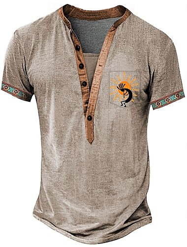  Herren Stammes Ethnisch T Shirt Henley Hemd T-Shirt Kurzarm Designer Basic Ethnisch Outdoor Lässig Täglich Sommer Hellgrün Hellblau Khaki Henley Henley T-Shirt