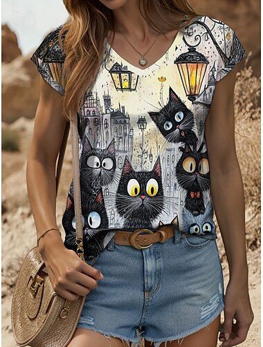  Damen-Tanktop mit Tier- und Katzenmotiv, Vintage, tropisch, stilvoll, ärmellos, kurzärmlig, V-Ausschnitt, normale Oberteile, Alltagsdruck, Gelb, Sommer, Frühling