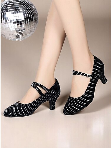  Chaussures de danse noires à pois pour femmes, talon bas et bride à la cheville - Chaussures d'entraînement professionnelles pour danseuses latines et swing