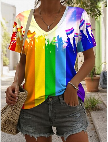  Défilé de fierté LGBT T-shirt Femme Graphique Géométrique Arc-en-ciel Vintage Élégant Décontracté À Manches Courtes Col V Tops Normaux Impression Quotidienne Arc-en-ciel Été Printemps
