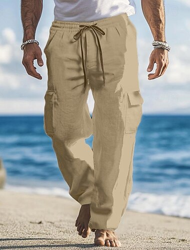  Herren Cargo-Hosen Leinenhosen Hose Sommerhose Baggy-Hosen Kordelzug Elastischer Bund Mehrere Taschen Einfach Komfort Atmungsaktiv Volle Länge Outdoor Ferien Ausgehen Urlaub Mode Schwarz Weiß