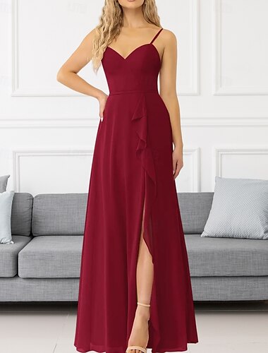  Abito da Damigella A-Line Collo a V  Spaghetti Senza Maniche Elegante Lunghezza PAVIMENTO Chiffon con Volant  Fessura Frontale  Ruching