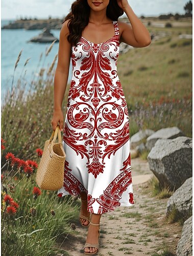  Damen Maxikleid A Linie Kleid Sommerkleid Schulterfreies Kleid Urlaub Lässig Party Date Normale Passform Grafik Stammes Ärmellos Quadrathals Rote Blau Grün Sommer Frühling