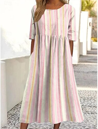  Damen Midikleid Freizeitkleid T-Shirt-Kleid Sommerkleid A Linie Kleid Bohemien Urlaub Vintage Normale Passform Grafik Gestreift Kurzarm Rundhalsausschnitt Erröten Sie Rosa Sommer