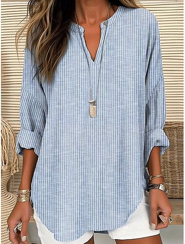  Dames Blouse Grafisch Gestreept Elegant Stijlvol Lange mouw V-hals Normale tops Dagelijks Feestdagen Afdrukken Blozend Roze blauw Groen Grijs Zomer Lente