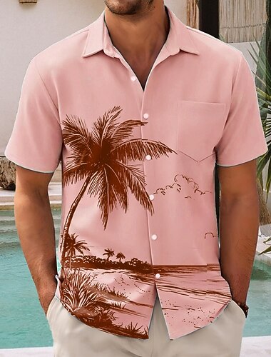  Herren Kokospalme Tropische Pflanzen Sommer Hawaiihemd Knopfhemd Alohahemd Kurzarm Hawaiianisch Urlaub Ferien Strandbekleidung Sommer Frühling Umlegekragen 3D-Druck Hemden mit Kragen Eine Tasche vorne