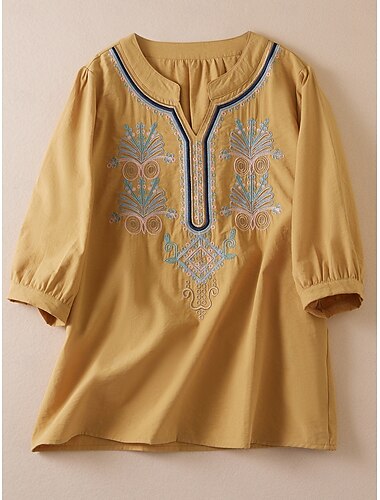  Pasqua Per donna Camicia Tinta unica Floreale Casual Boho Manica Corta Manica al gomito Scollo a V Top Regolari Quotidiano Uscire Ricamato Giallo Estate
