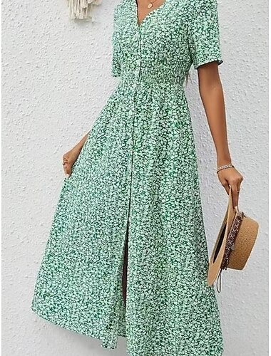  Damen Maxikleid A Linie Kleid Lässig Outdoor Ausgehen Normale Passform Blumen Kurzarm V Ausschnitt Blau Grün Sommer