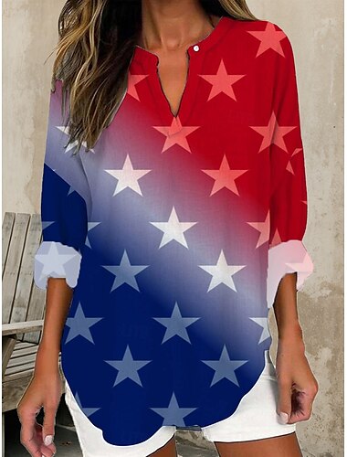  Unabhängigkeitstag Damen Patriotisches Vierteljuli Bluse Grafik Flagge Vintage Tropisch Hawaiianisch Langarm V-Ausschnitt Reguläre Oberteile Täglich Feiertags Strandbekleidung Druck Schwarz Rot Blau