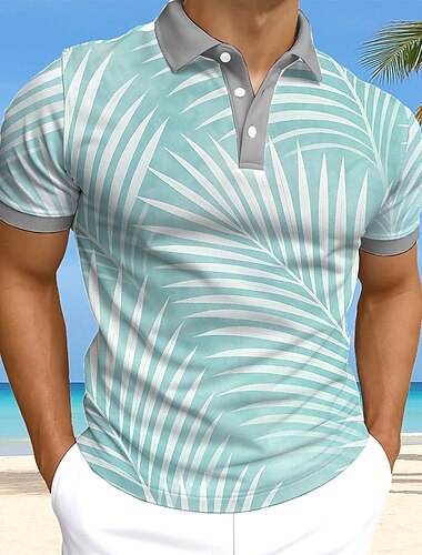  Herren Blatt Polo Kurze Ärmel Revers Urlaub Alltagstauglich Sport & Outdoor Hawaiianisch Knöpfe Sommer Grau Weiß Grün
