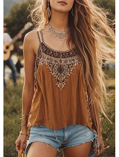  Dam Camisole linne Blommig Grafisk Paisley Vintage Stylish Etnisk Ärmlös U-hals Vanliga toppar Dagligen Helgdag Utekväll Mönster Svart Vit Rodnande Rosa Ljusbrun Blå Sommar Vår