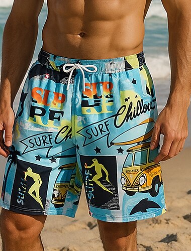  Herren Shorts Strandshorts Kordelzug Grafik Buchstabe Abstrakt Atmungsaktiv Schnelltrocknend Knielang Outdoor Urlaub Heim Urlaub Ethno-Stil Meerblau Weiß&Blau Dehnbar