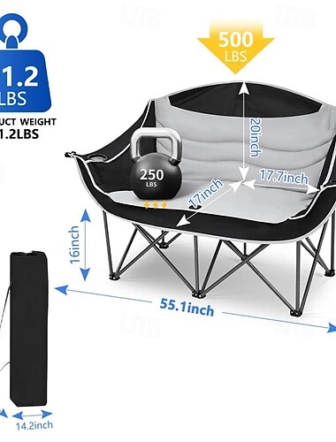  Übergroßer Campingstuhl für 2 Personen mit einer Tragkraft von 295 kg – gepolstert, Weinglashalter &Getränkehalter, leichtes, tragbares, faltbares Design, strapazierfähiges 600D-Oxford-Gewebe
