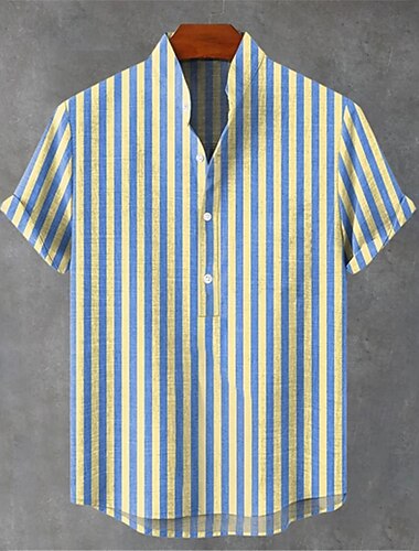  Herren Leinenhemd Popover-Hemd Sommerhemd Freizeithemd Strandhemd Henley Hemd Gestreift Urlaub Täglich Blau Kurzarm Mandarinkragen Sommer Frühling Bekleidung