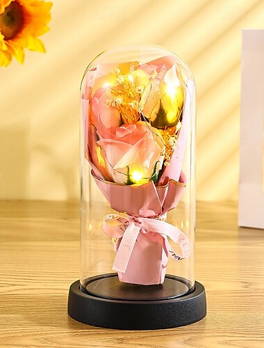  der ewige Rosenstrauß als Geschenk für Mama, konservierte Seifenblumen in einer Glaskuppel mit Licht, Muttertags-Geburtstagsdekoration für Frauen
