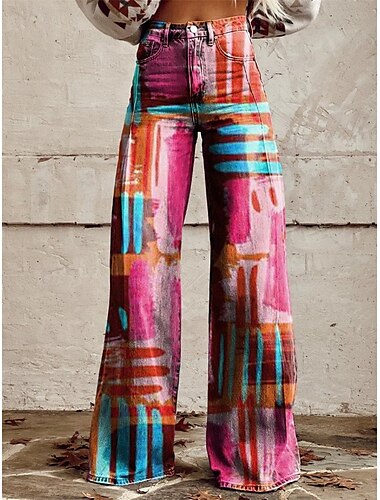  Retro Vintage 1970er Groovy Hose Hose mit weitem Bein Hippie Disco Hohe Taille Psychedelisch Jeans-Imitat Damen Karneval Alltagstauglich Musikfestival Retro-Mottoparty Erwachsene Hose