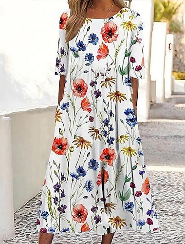  Femmes Robe Longue Maxi Robe Robe Décontractée Robe Fleurie Classique Moderne Extérieur Quotidien Sortir Coupe régulière Fleur manche longue Col ras du cou Blanche Bleu Été