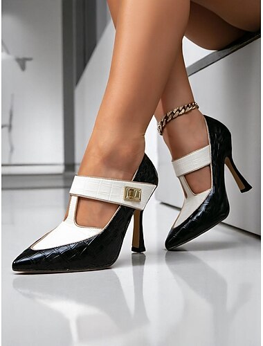  Damen-Pumps mit schwarz-weißer Kroko-Prägung – Pumps mit hohem Absatz und T-Riemen und Schnalle für Geschäftstreffen, formelle Anlässe und elegante Bürokleidung