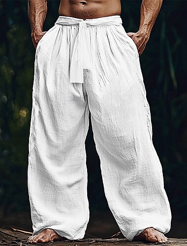  Voor heren Linnen broek Broek Zomerbroek Strandbroeken Zak Trekkoord Elastische taille Effen Comfort Ademend Vakantie Dagelijks Feestdagen Hawaii Boho Wit Marineblauw