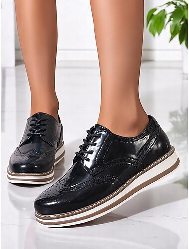  Damen-Oxford-Plateauschuhe aus Lackleder mit Flügelkappe – klassische flache Brogue-Schnürschuhe für erwachsene Frauen, ideal für die Arbeit im Büro, Geschäftstreffen, den Weg zur Arbeit zu Fuß und elegante Freizeitkleidung