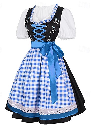  Dames Beierse Dirndl Kostuum Jurk met Blauw Gingham Schort en Satijnen Strik voor Oktoberfest Bierfestival Feest