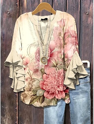  Damen Bluse Ombre Blumen Grafik Elegant Bohemien Stilvoll Dreiviertelarm V Ausschnitt Normale Oberteile Täglich Ferien Urlaubskleidung Rüsche Druck Erröten Sie Rosa Hellgrün Leicht Blau Sommer