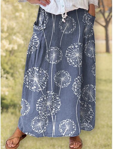  Femmes Jupe Trapèze Bohème ancien Occasionnel Maxi Taille haute Jupes Floral Avec Poches Imprimé Micro-Élastique Rue Quotidien Blanche Bleu Vert Gris Été Polyester Mélange de coton