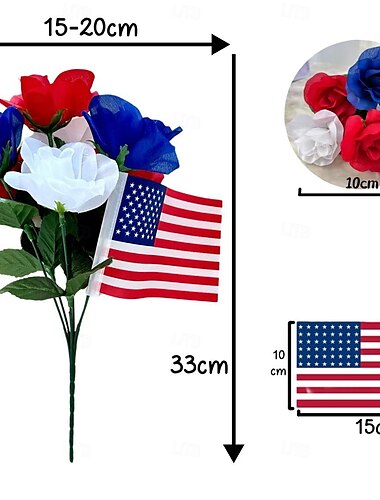  4 Bündel patriotischer Kunstblumen, rot-blau-weiße Blumen mit Flaggen zum Unabhängigkeitstag am 4. Juli, Blumenstrauß zum Gedenktag, Dekoration für den Veteranentag, Grab, Gedenktag, Heimdekoration