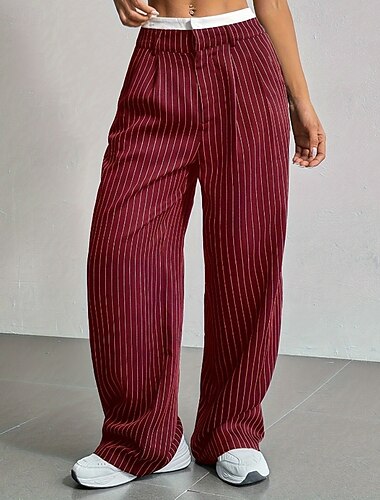 Damen Weites Bein Stoffhosen Hosen Hose Lässig Volle Länge Natürliche Taille Gestreift Tasche Bequem Außenbereich Outdoor Urlaub Alltagstauglich Wein Dunkelblau Marineblau Grau Sommer Normale Passform