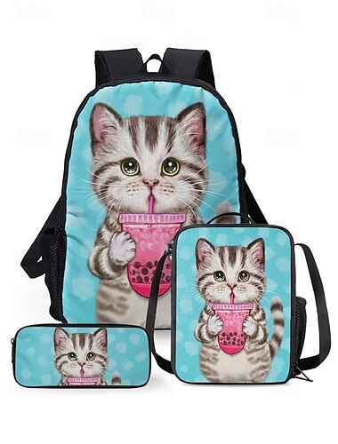  Dreiteiliges Rucksackset für Kinder mit süßem Katzenmotiv, bestehend aus Rucksack, Kühltasche und Federmäppchen, perfekt für die Schule, Reisen und den täglichen Gebrauch, Kayomi Harai