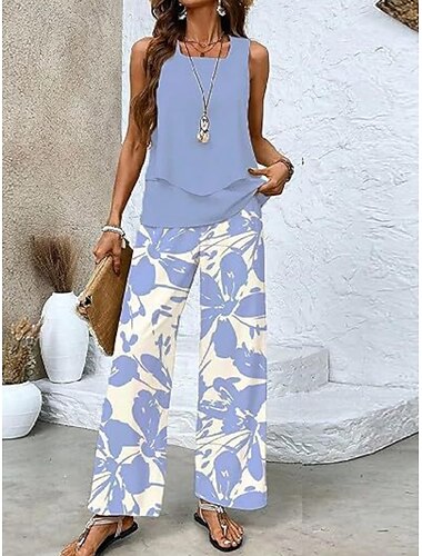  Dame 2-delt mode streetwear daglige cami bukser sæt uden ærmer firkantet hals blomster grafik print udendørs afslappet daglig hvid marineblå kongeblå sommer løs pasform