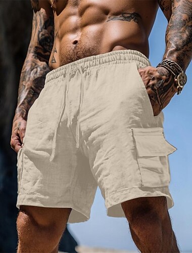  Herren Shorts Leinenshorts Sommershorts Strandshorts Kordelzug Elastischer Bund Mehrere Taschen Einfach Knielang Outdoor Ferien Strand Urlaub Hawaiianisch Schwarz Weiß Unelastisch